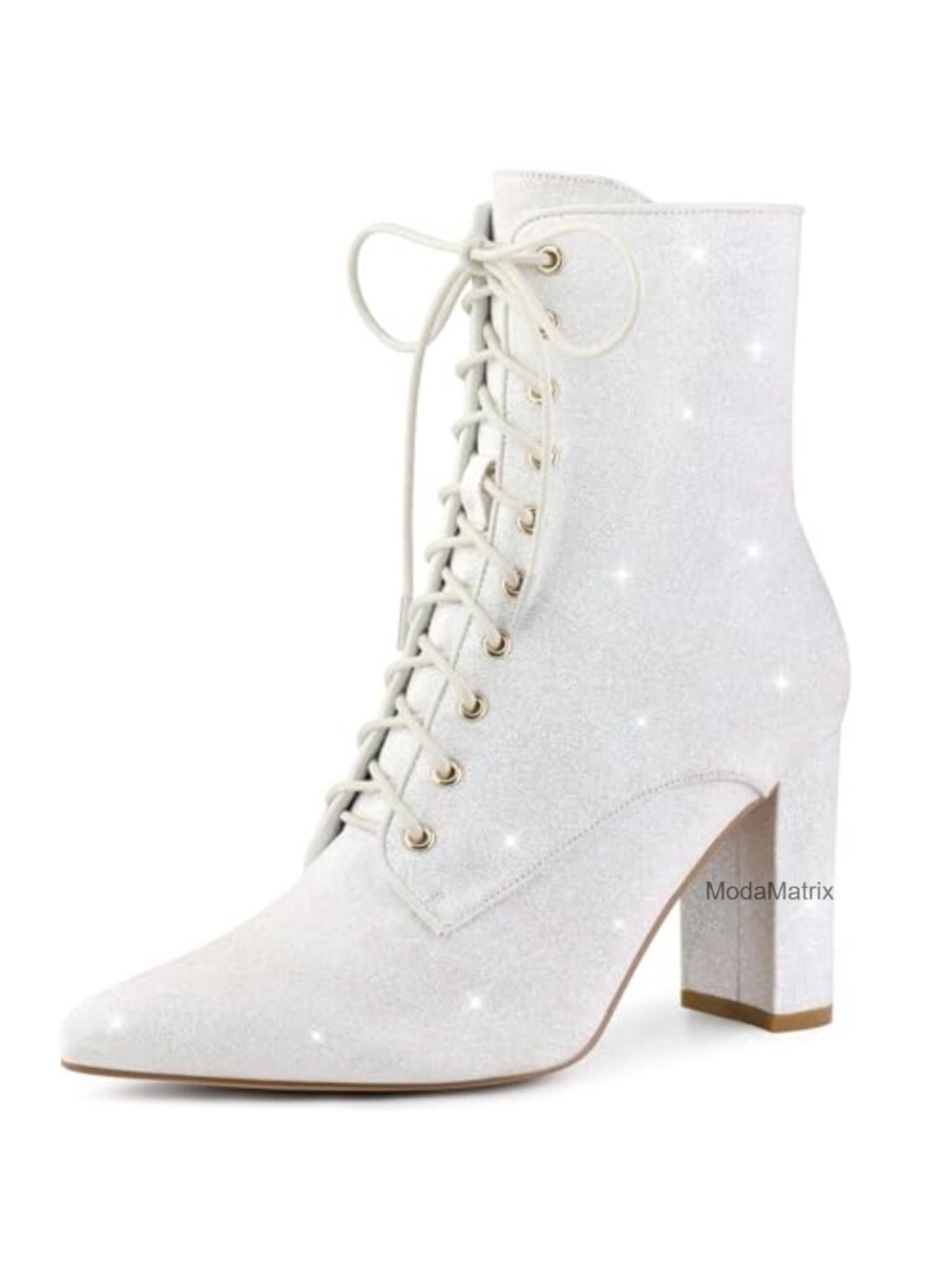 Glitter Sequin Lace Up Pointed Toe Chunky Heel Ankle Boots